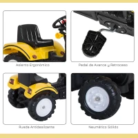 HOMCOM Tractor Pedal Excavadora Camión + Pala Delantera para Niños 3 Años Juguete de Montar Coche Pedales Carga 35kg 114x41x52cm Metal y Plástico(m-5)