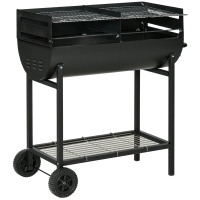 Outsunny Barbecue in Acciaio con 2 Griglie Indipendenti, 2 Ruote e Ripiano Inferiore | Nero | 90cm x 45cm x 96cm