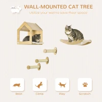 PawHut Wall Mounted Cat Shelves, with House, Hammock, Scratching Post - Oak Tone(m-4)