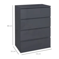 HOMCOM High Gloss Chest of Drawers, 4-Drawer Storage Cabinets, Modern Dresser for Bedroom, Grey(m-3)