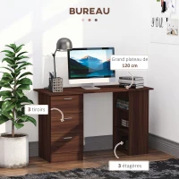HOMCOM Bureau avec rangement, table informatique 120 x 50 cm, bureau d'ordinateur avec étagères et tiroirs, pour petits espaces, chambre à coucher, aspect noyer(m-4)