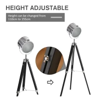 HOMCOM Industrial Style Adjustable Tripod Floor Lamp, Searchlight Lamp with Wooden Legs and Steel Lampshade, 110-155cm, Black(m-4)