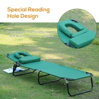 Outsunny Foldable Outdoor Sun Lounger Adjustable Backrest Reclining Chair with Pillow and Reading Hole Garden Beach, Dark Green(m-7)