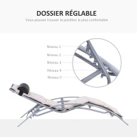 Outsunny Bain de Soleil transat de jardin chaise longue Design Contemporain inclinable Multi-Positions avec Matelas et tétière dim. 170L x 64l x 82H cm alu textilène Beige(m-5)