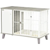 PawHut Dog Crate Pet Kennel Cage Large Top End Table w/ Side Cabinet Soft Cushion for Small Dogs Grey 98 x 48 x 70.5 cm(m-1)
