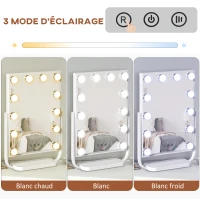 HOMCOM Miroir Maquillage Hollywood Lumineux LED Tactile - 3 Modes éclairage, inclinable, Adaptateur - métal Blanc Verre(m-5)
