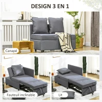 HOMCOM Banquette fauteuil chauffeuse convertible en lit d'appoint 1 place dossier inclinable 5 positions avec 2 coussins gris(m-6)