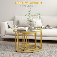 HOMCOM Round Coffee Tables Set of 2, Nesting Tables with Tempered Glass Top and Steel Frame, 60cmx60cmx47cm, Gold Tone(m-4)