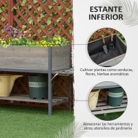 Outsunny Huerto Urbano Elevado de Madera 140x46x75,5 cm Mesa de Cultivo de Jardín con 2 Baldas Laterales Estante Inferior y 2 Orificios de Drenaje para Plantas Flores Gris(m-6)