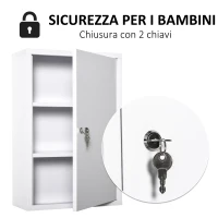 kleankin Armadietto Medicinali a 3 Livelli in Acciaio con 2 Chiavi e Montaggio a Parete, 40x18x60 cm, Bianco(m-4)