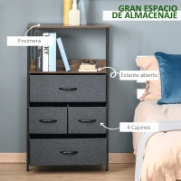 HOMCOM Cajonera de Tela con 4 Cajones Plegables y Estante Abierto Mueble de Oficina Estudio Dormitorio 58x29x103 cm Gris(m-4)
