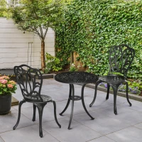 Outsunny 3 Piece Garden Bistro Set, Cast Aluminium Outdoor Furniture Set with Umbrella Hole for Balcony, Porch, Patio, Black(m-10)