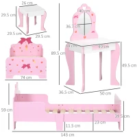 ZONEKIZ 3PCs Kids Bedroom Furniture Set with Bed, Dressing Table and Stool, Princess Themed, for 3-6 Years Old, Pink(m-3)