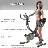 HOMCOM Cyclette Pieghevole Resistenza Regolabile su 16 Livelli, Bici da Spinning con Elastici per Braccia e Schermo LCD, Volano 6kg, 113x65x120cm, Nero Grigio(m-7)
