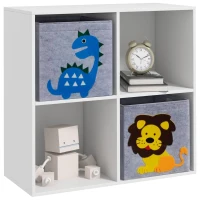 ZONEKIZ Meuble étagère bibliothèque 4 cases 2 cubes paniers tissu motif dinosaures pour chambre enfant 62 x 30 x 62 cm blanc(m-10)