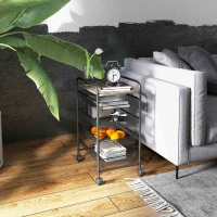 HOMCOM Carrito Multiusos con Ruedas 4 Bandejas Extraíbles y Tablero de Madera para Salón Cocina 41,5x31x66 cm Negro(m-2)