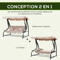 Outsunny Balancelle de Jardin 3 Places Convertible Toit Inclinaison réglable 2 tablettes Support 2L x 1,2l x 1,64H m métal époxy Noir Polyester Beige(m-4)