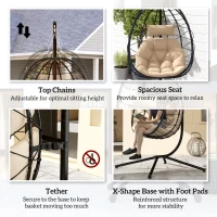 Outsunny Hanging Egg Chair Outdoor Indoor Garden Swing Chair with Folding Basket, Thickened Cushion, Garden Hanging Chair with Stand, Headrest for Patio, Balcony, Khaki(m-7)