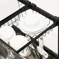 HOMCOM Space Saving 2 Tier Adjustable Dish Drainer Over The Sink Dish Drying Rack, Black(m-9)