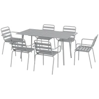 Outsunny Set da Giardino 7 Pezzi in Acciaio con 6 Sedie Impilabili e Tavolo da Pranzo, Grigio Chiaro(m-10)