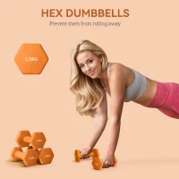 SPORTNOW 2 x 1.5kg Hexagonal Dumbbells Weights Set with Non-Slip Grip for Home Gym Workout, Orange(m-4)