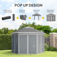 Outsunny 3 x 4m Garden Gazebo Hexagon Pop Up Gazebo Party Tent Canopy Double Roof Instant Shelter with Netting and Carry Bag for Outdoor Patio, Dark Grey(m-4)