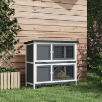 PawHut Conigliera a 2 Livelli in Lego di Abete e Bitume con Rampa, 2 Vassoi Estraibili 4 Porte, 97x44x91 cm, Grigio(m-2)