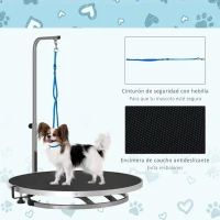 PawHut Mesa de Peluquería para Mascotas Mesa de Aseo con Base Giratoria Brazo Ajustable de 46-72 cm de Acero Inoxidable con Correa Ø65x10 cm Negro(m-7)