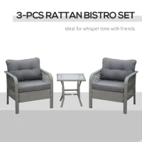 Outsunny 3 Pieces Rattan Bistro Set with Glass Top Coffee Table, Chairs and Cushions for Outdoor, Patio, Balcony, Grey(m-4)