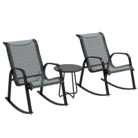 Outsunny 3 Piece Outdoor Rocking Set with 2 Armchairs and Metal Top Coffee Table, Patio Bistro Set with Curved Armrests, Breathable Mesh Fabric Seat for Garden, Deck, Mixed Grey(m-1)