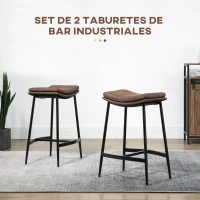 HOMCOM Conjunto de 2 Taburetes Altos de Cocina con Estructura de Acero Estilo Industrial Carga 120 kg para Comedor Bar Marrón(m-4)
