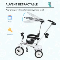 HOMCOM Tricycle Enfants Pare-Soleil Pliable Canne Amovible Benne Rangement 103 x 47 x 101 cm Acier Blanc et Noir(m-5)