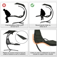 Outsunny Bain de Soleil transat Suspendu Chaise Suspendu Extérieur avec Pare-Soleil et Matelas Design Contemporain 190L x 110l x 190H cm Acier Polyester Gris foncé Noir(m-7)