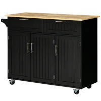 HOMCOM Carrello da Cucina in Legno con 2 Cassetti, Armadietto 3 Ante e 4 Ruote, 121x46x91cm, Nero(m-10)