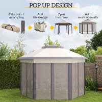 Outsunny 3 x 4m Garden Gazebo Hexagon Pop Up Gazebo Party Tent Canopy Double Roof Instant Shelter with Netting and Carry Bag for Outdoor Patio, Beige(m-4)
