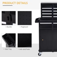 DURHAND Tool Chest 2 in 1 Metal Tool Cabinet Storage Box with 5 Drawers Pegboard Wheels 60x28x104.5cm Black(m-7)