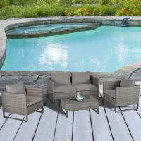 Outsunny 4 Pieces PE Rattan Garden Furniture with Cushion, Outdoor Wicker Conservatory Sofa Set w/ Armchairs, Loveseat, Glass Top Coffee Table, Grey(m-10)