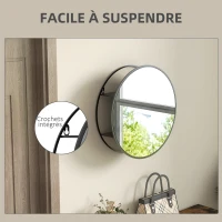 HOMCOM Miroir mural rond avec 2 étagères de rangement pour salle de bain, cadre en métal noir, diamètre de 50 cm(m-5)