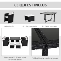 Outsunny Ensemble Salon de Jardin encastrable 8 Personnes 9 pièces résine tressée 4 Fils Imitation rotin Noir Coussins déhoussables crème(m-5)