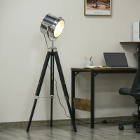 HOMCOM Industrial Style Adjustable Tripod Floor Lamp, Searchlight Lamp with Wooden Legs and Steel Lampshade, 110-155cm, Black(m-2)