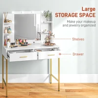 HOMCOM Dressing Table with Lighted Mirror, Cushioned Stool, Drawers, Shelves, LED Makeup Vanity Desk Set, Modern Dresser Vanity Table for Bedroom, White(m-5)