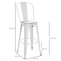 HOMCOM Set 4 Sgabelli da Cucina di Design in Metallo con Schienale Rimovibile e Poggiapiedi, 44x46x116cm, Bianco(m-3)