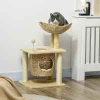 PawHut Arbre à chats griffoir sisal naturel 1 niche panier pompon peluche jacinthe d'eau 45 x 40 x 74 cm beige(m-2)