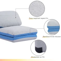HOMCOM Chauffeuse - Matelas d'appoint Pliant - Fauteuil Convertible - Inclinaison Dossier réglable 5 Positions - Tissu Polyester Aspect Lin Gris Clair Bleu(m-6)