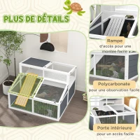 PawHut Maison enclos cage pour petit animal tortue avec 2 espaces toit en polycarbonate 3 portes rampe 115 x 115 x 82 cm gris(m-7)