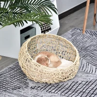 PawHut Cuccia per Gatti e Animali Domestici, Cesta in Rattan Beige con Cuscino in Cotone (Ф56 x 35 A cm)(m-2)