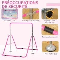 HOMCOM Barre Fixe de Gymnastique pour Enfants Pliante - Hauteur réglable de 88 à 128 cm - avec Base Triangulaire en Acier - Rose(m-5)