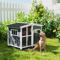 PawHut Wooden Dog Kennel with Removable Floor, Asphalt and Openable Roof, Giant Window for Large Dogs, Charcoal Grey(m-2)