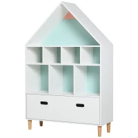 HOMCOM Estantería de Madera Infantil Forma de Casa Librería para Niños con 8 Compartimentos Abiertos y Cajón de 2 Colores 82x30x126 cm Blanco(m-10)