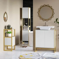HOMCOM Meuble colonne de salle de bain avec 2 niches et 2 placards étagère réglable, bambou et MDF 33L x 33l x 170H cm blanc(m-9)